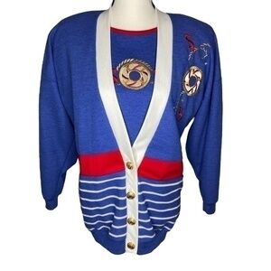 Vintage Barbara Gerwit Cardigan and Matching Top Set Blue White Red Waffle Knit